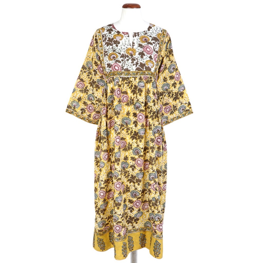 Anokhi Dress Maxi Large Indian Block Print Kurta Cotton Floral Print Yellow